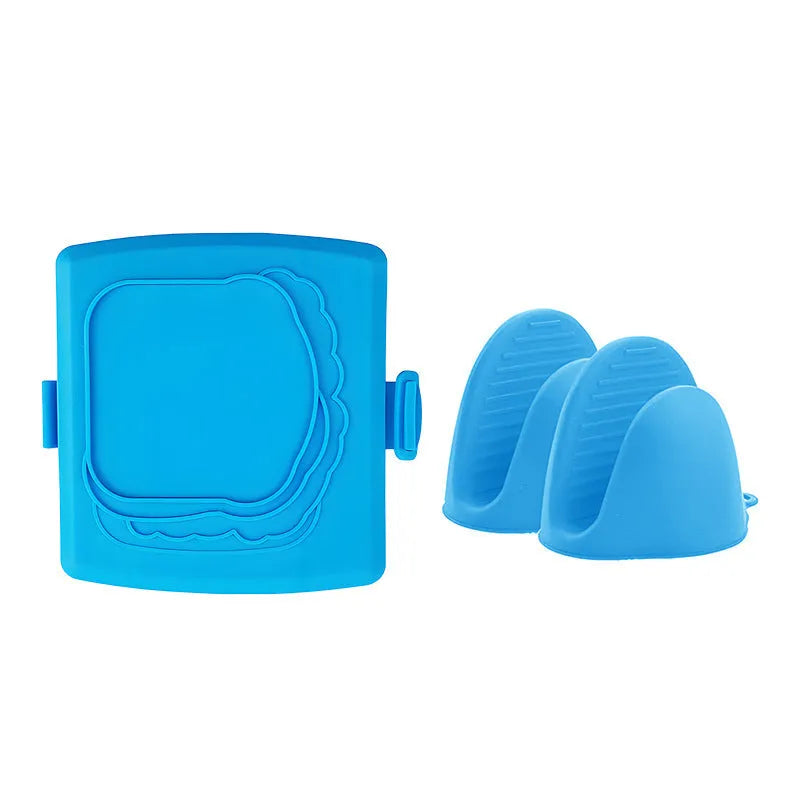 Red silicone baking tray with a large integrated handle and a pair of detachable blue baking gloves.