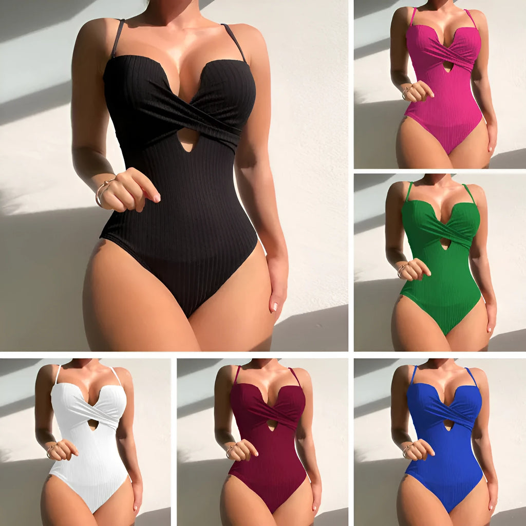 Women's solid colour slimming one-piece swimsuit in white, burgundy, or rose red.