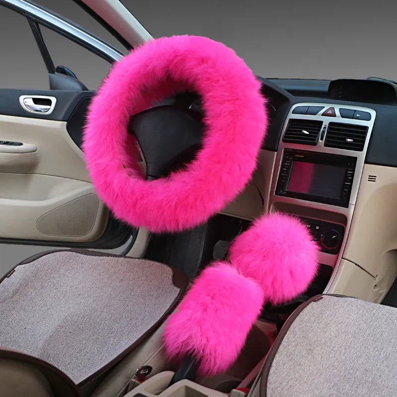 Wool and cashmere blend steering wheel cover and two matching handle covers set for 38cm diameter wheels.