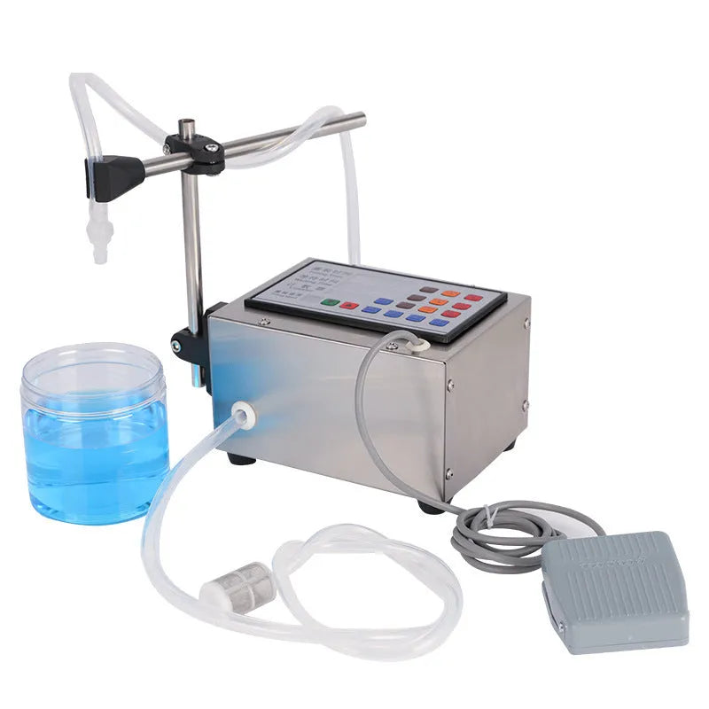 CNC quantitative filling machine with digital display and dispensing nozzle on bench-top unit