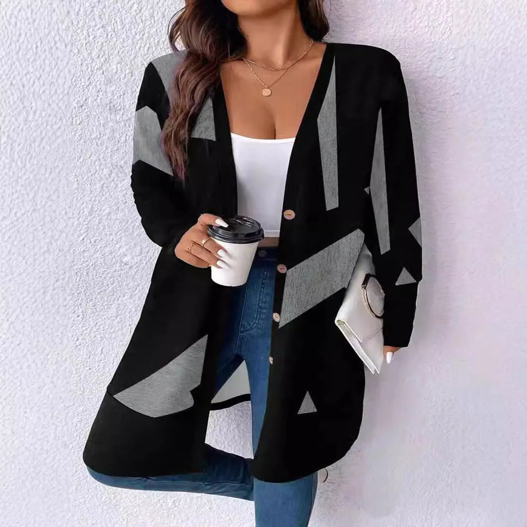 Black plus size casual cardigan coat with button stitching and printing details, loose fit