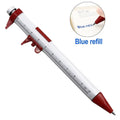 Plastic vernier caliper ballpoint pen with 100mm scale, bullet tip, and colour options