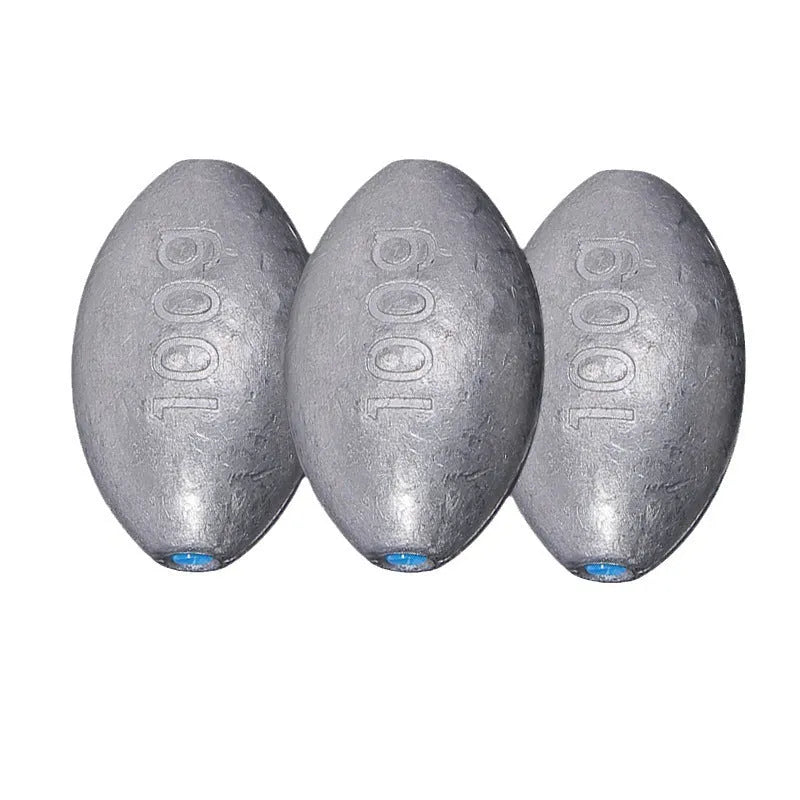 Olive green rugby-shaped fishing sinker with scale texture, showing plastic core construction and weight markings.