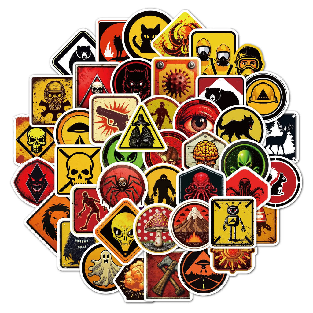 Pack of 50 waterproof PVC warning stickers for motorcycle helmets and skateboards featuring four-colour graffiti style printing