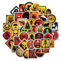 Pack of 50 waterproof PVC warning stickers for motorcycle helmets and skateboards featuring four-colour graffiti style printing