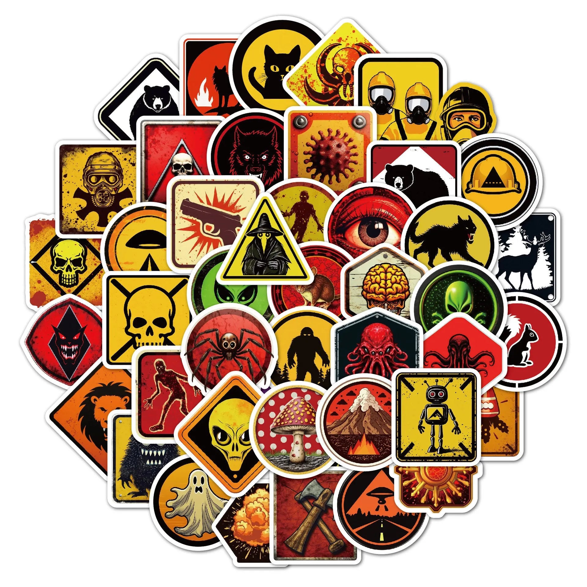 Pack of 50 waterproof PVC warning stickers for motorcycle helmets and skateboards featuring four-colour graffiti style printing
