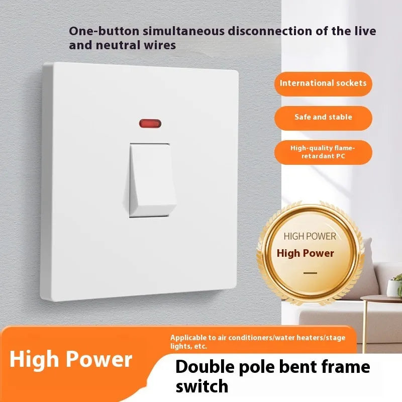 A white, high-current double-break electrical switch with a light panel indicator, shown alongside gold and grey colour variants.