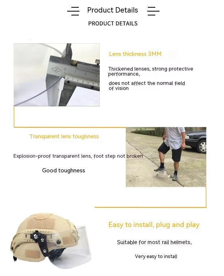 Transparent polycarbonate guide rail helmet mask with windproof lens measuring 30cm by 15cm
