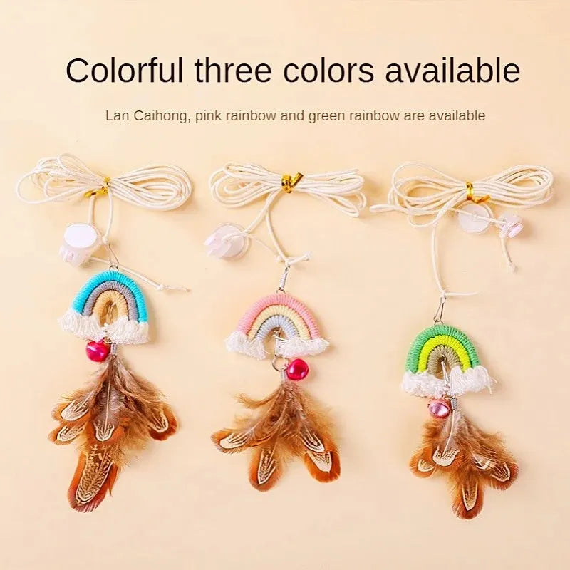 Colourful feather cat rope toy hanging from a door with elastic swing and sticky buckle clamp