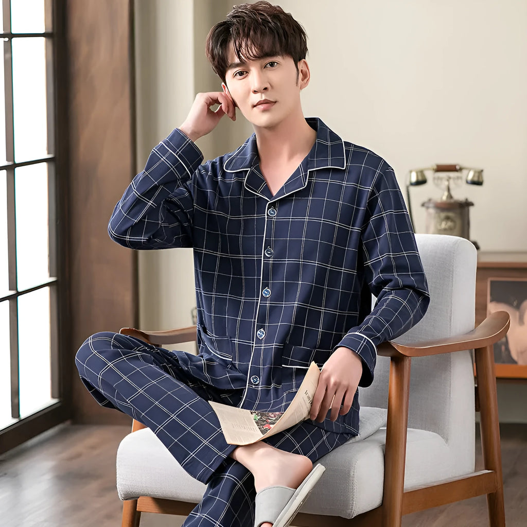 Cotton cardigan sleepwear set for middle-aged men with long sleeves and trousers five colours available