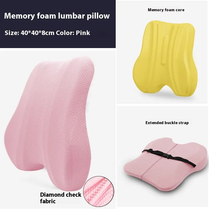 Grey lumbar support pillow for office chair measuring 40cm by 40cm.