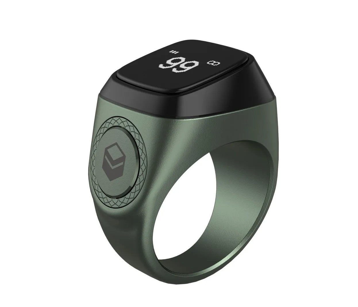 Zikr1 smart Islamic prayer counter ring with OLED display showing time and count, available in black, green, rose gold, and silver colours