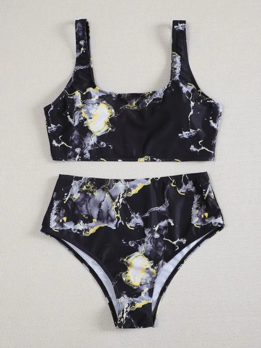 Women's high-waist marble tie-dye print bikini set with U-neck top.