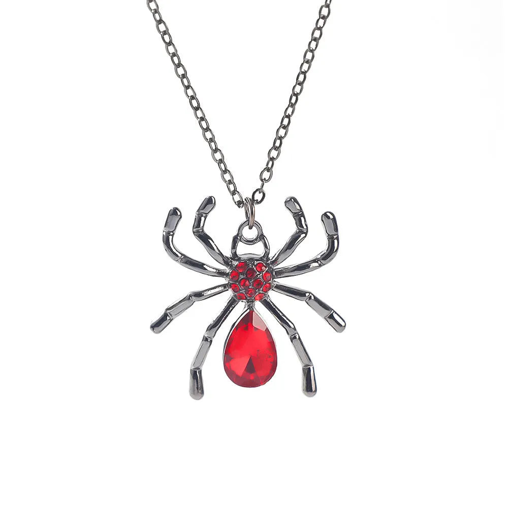 Dark Halloween necklace with zinc alloy electroplated pendant showing spider web and bat designs on regular chain