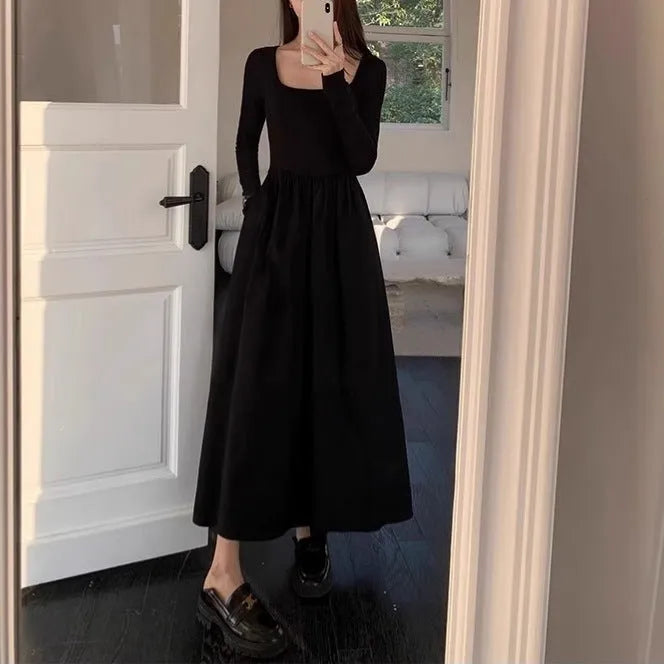 Women's square collar knitted dress with elastic waist and A-line midi skirt