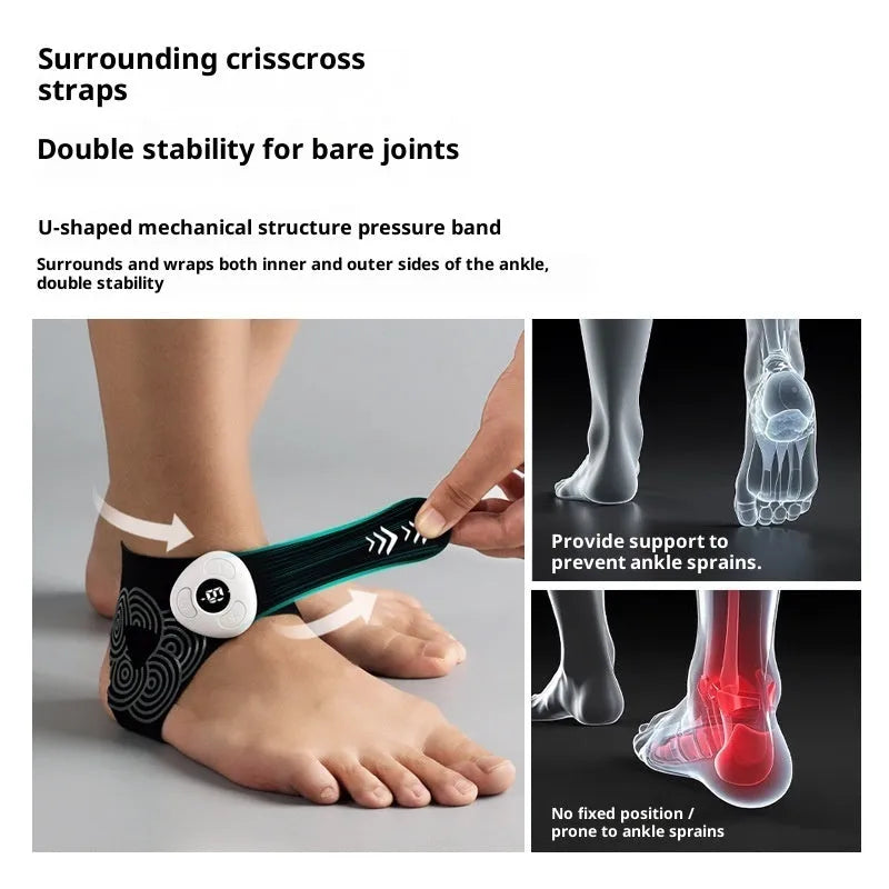 Black sports anti-odor foot massager with adjustable ankle strap and spray bottle on a table