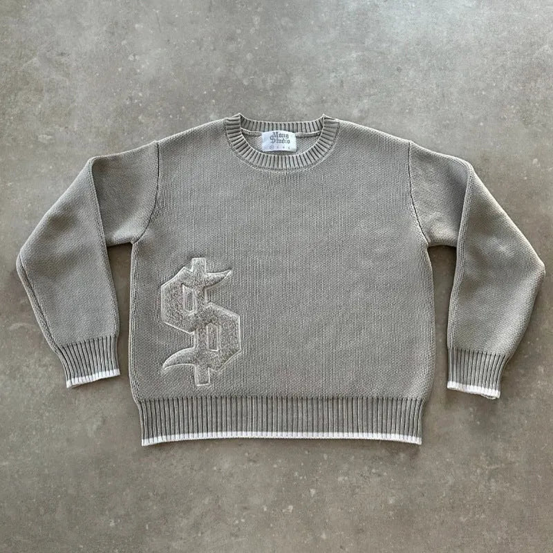 Grey jacquard knitwear coat with loose-fitting pullover style and long sleeves for autumn winter wear