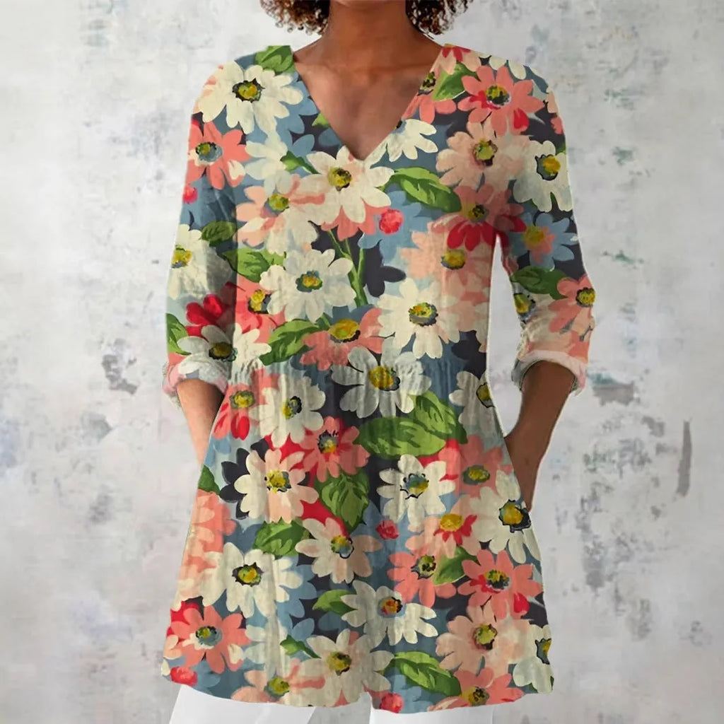 Women's retro slim fit printed long-sleeved polyester top on a hanger, showing digital print design.