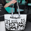 Green waterproof PP woven handbag with colour printing and snakeskin-style woven pattern