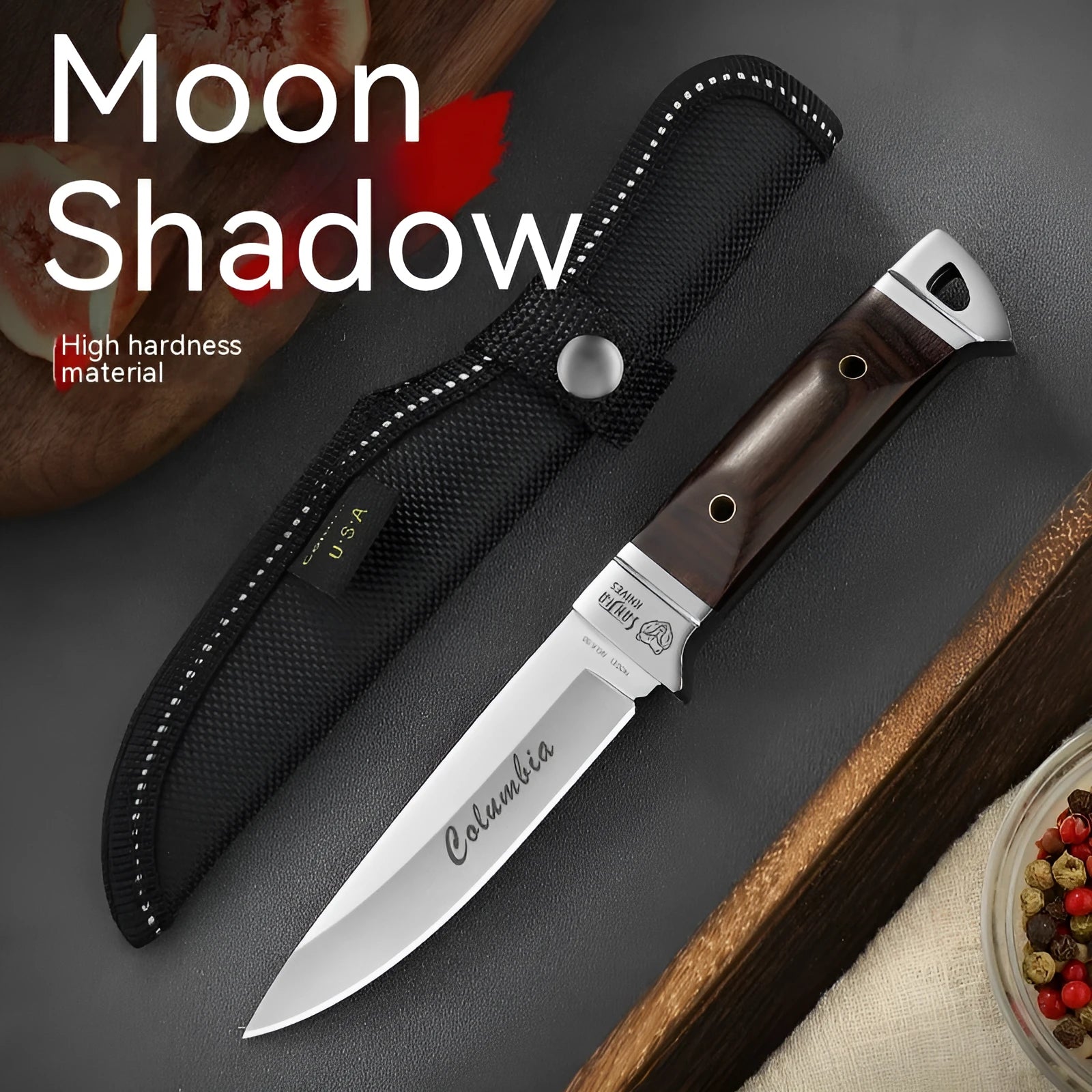 National style stainless steel camping knife with a leather sheath.