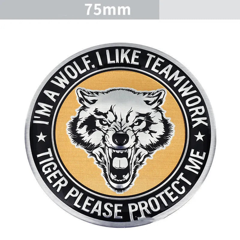 Aluminium car body sticker pack showing eagle, tiger, round lion, round wolf head, and round eagle designs.