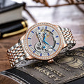 Men's luxury zircon mechanical watch with a choice of black leather or rose gold steel strap, showing onion crown and transparent case back.