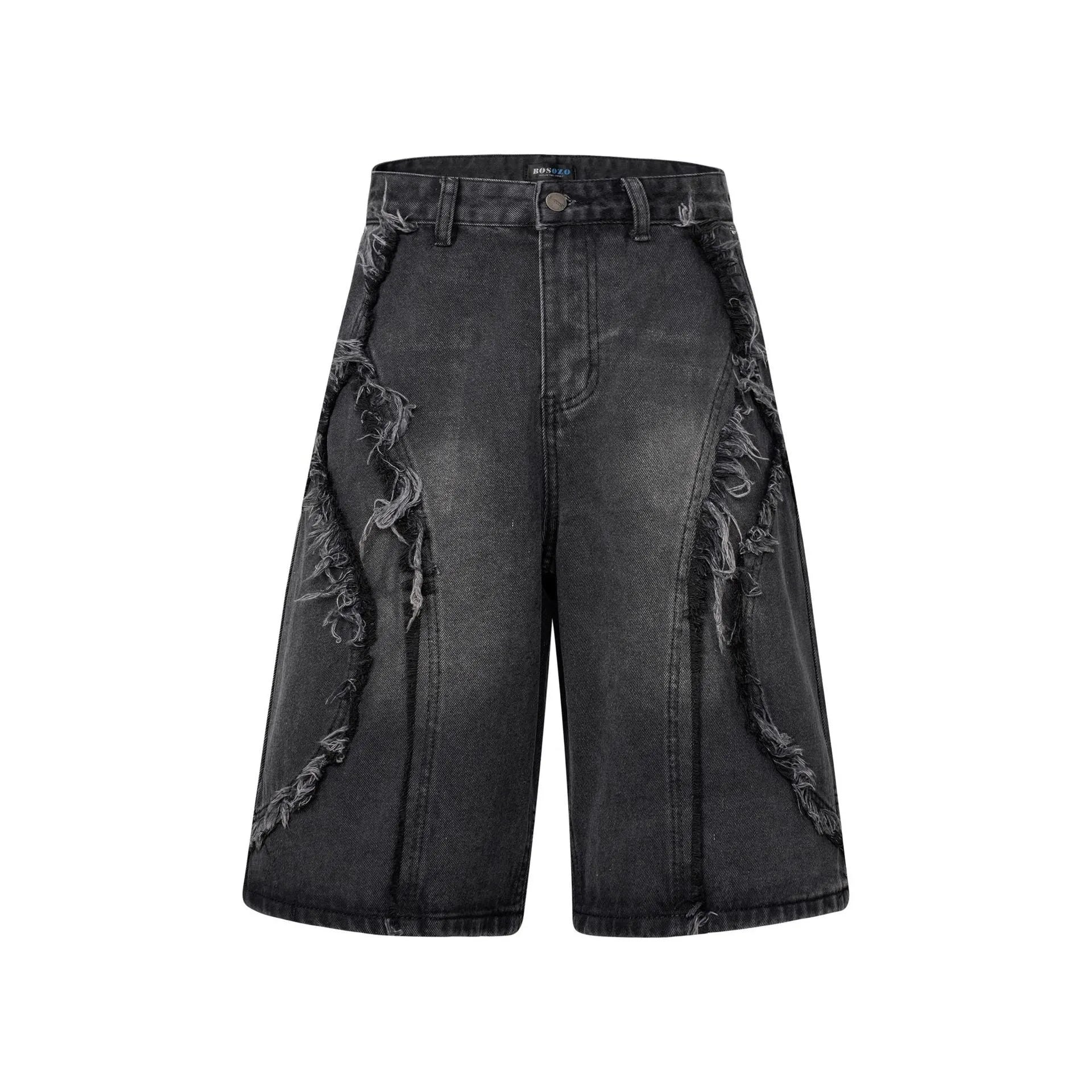 Men's distressed denim shorts with raw edges in black, straight leg cropped style