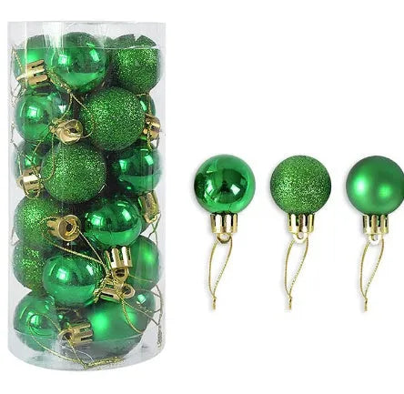3 cm shiny matte finish Christmas tree bauble ornament in assorted colours including red, gold, and silver.