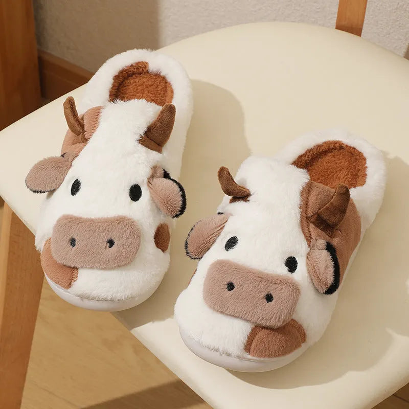 White cartoon cow plush slippers with anti-slip PVC soles for women