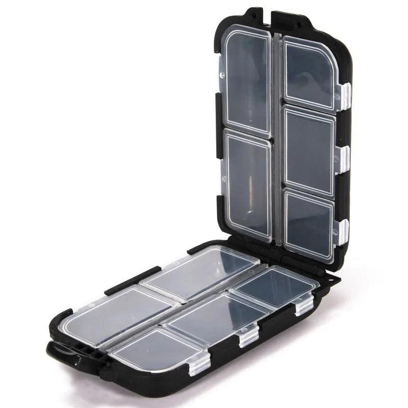 Small black plastic fishing tackle storage box with 10 internal grid compartments.