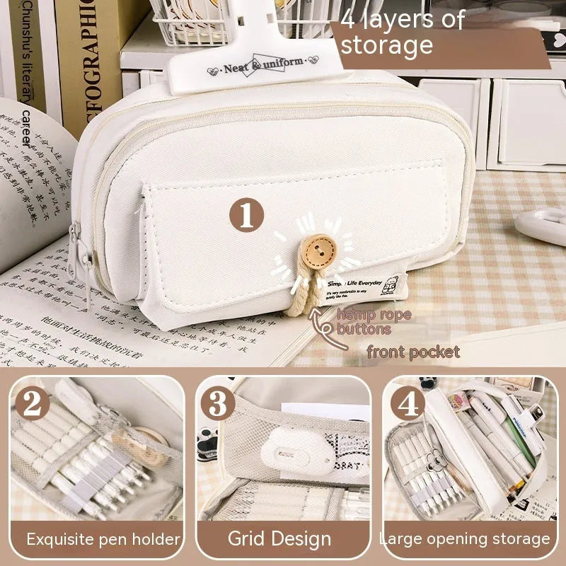 Green canvas pencil case with large capacity for pens in Korean style