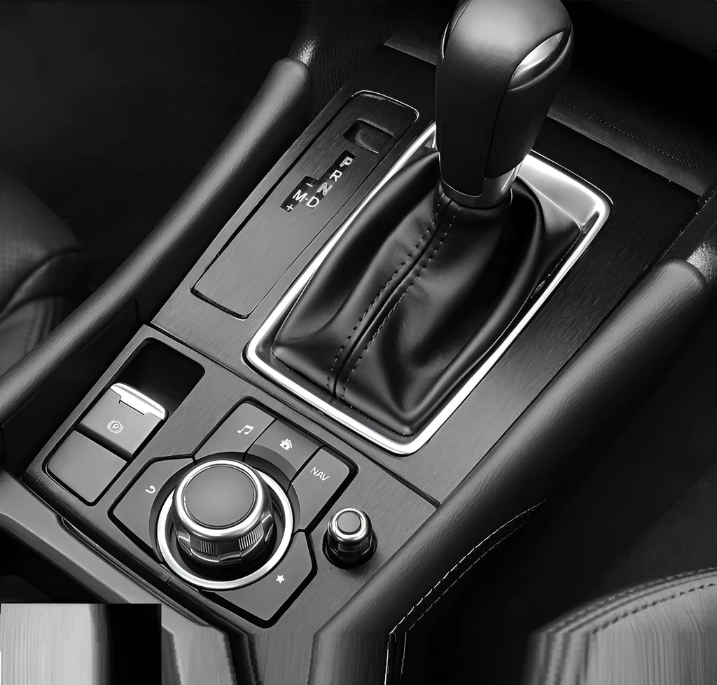 Car interior decorative vinyl sticker kit showing pre-cut pieces for dashboard, centre console and trim