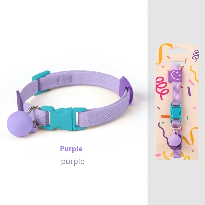 Small dog elastic polyester pet collar shown in seven colour options with adjustable 22-32cm sizing
