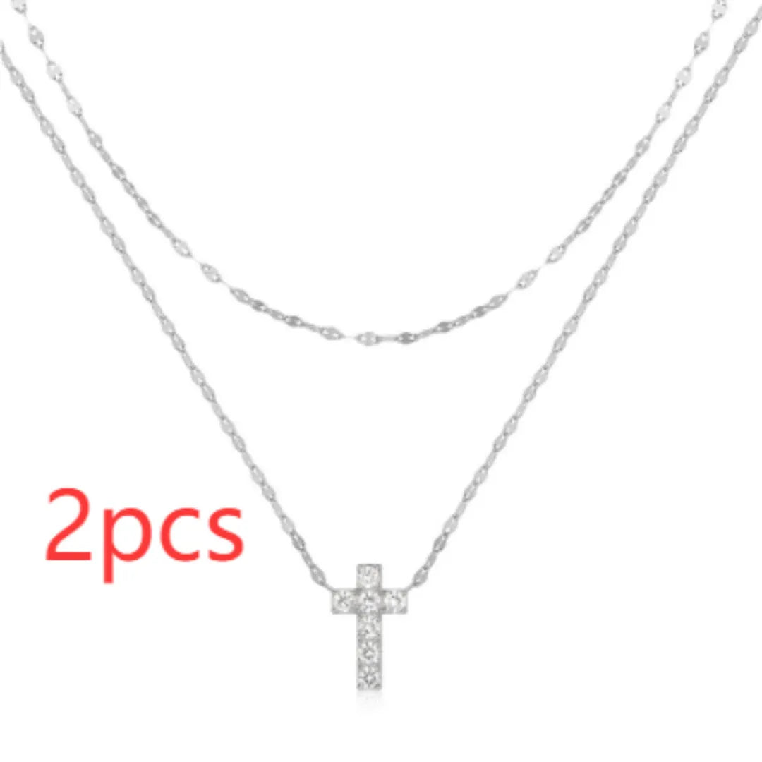 S925 sterling silver double layer twin diamond cross pendant necklace on clavicle chain in gold colour
