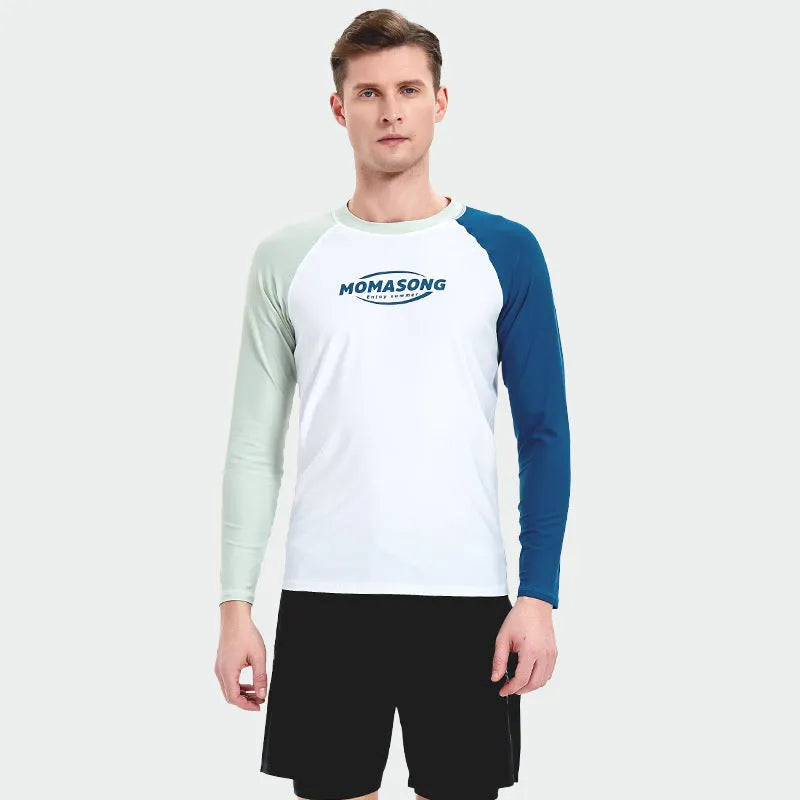 Men's white long sleeve swim top and matching swim trunks set on a mannequin