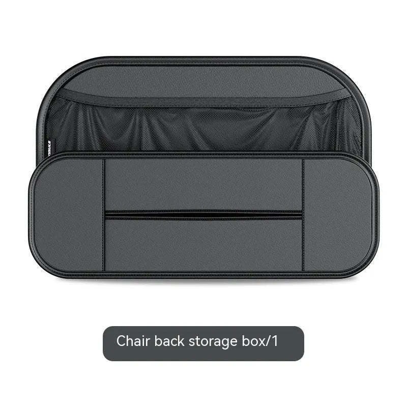 Black leather car seat rear storage bag organiser showing dimensions.