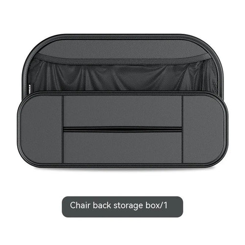 Black leather car seat rear storage bag organiser showing dimensions.