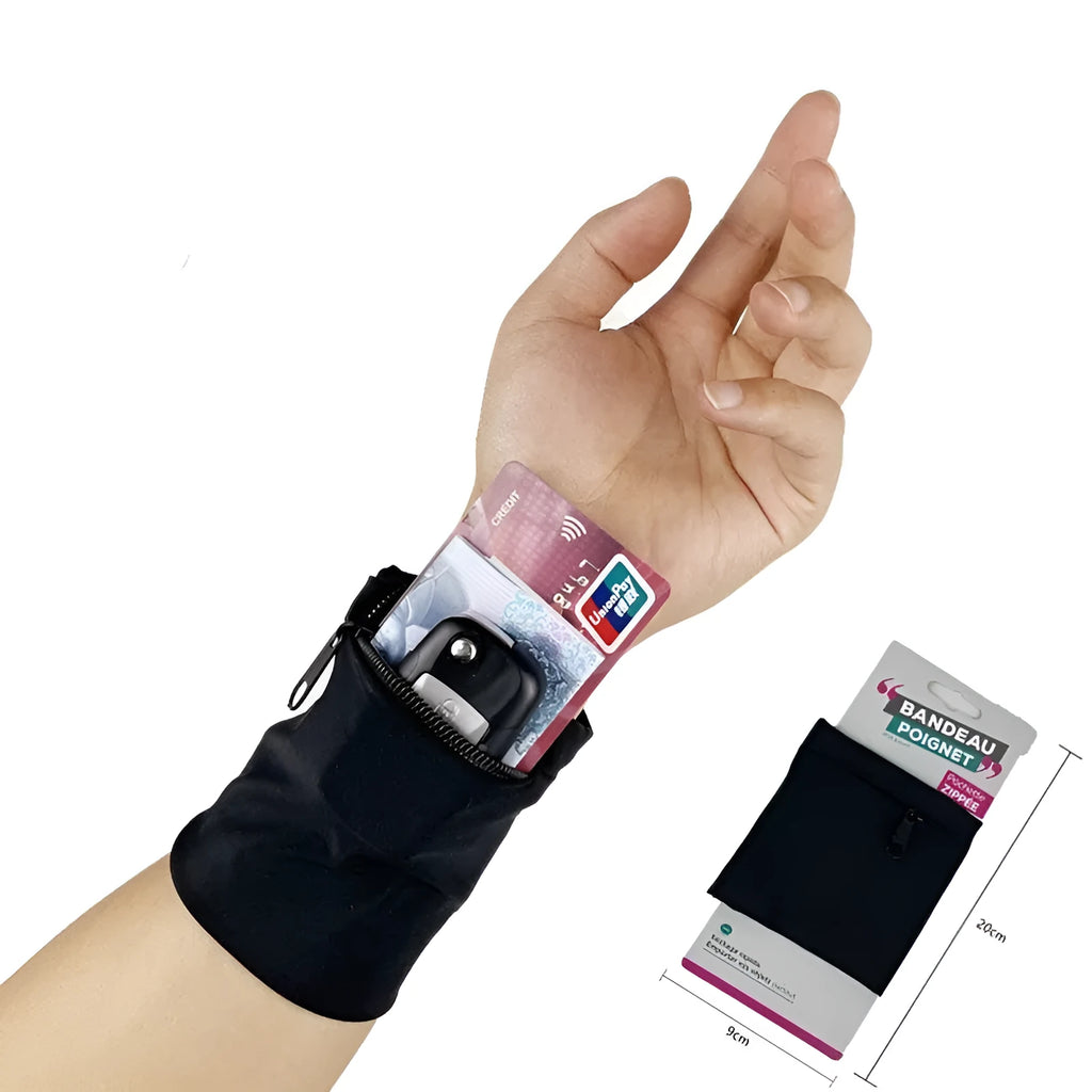 Wrist bag armband sleeve for mobile phone, shown in packaging, dimensions 10 by 10.5 cm.