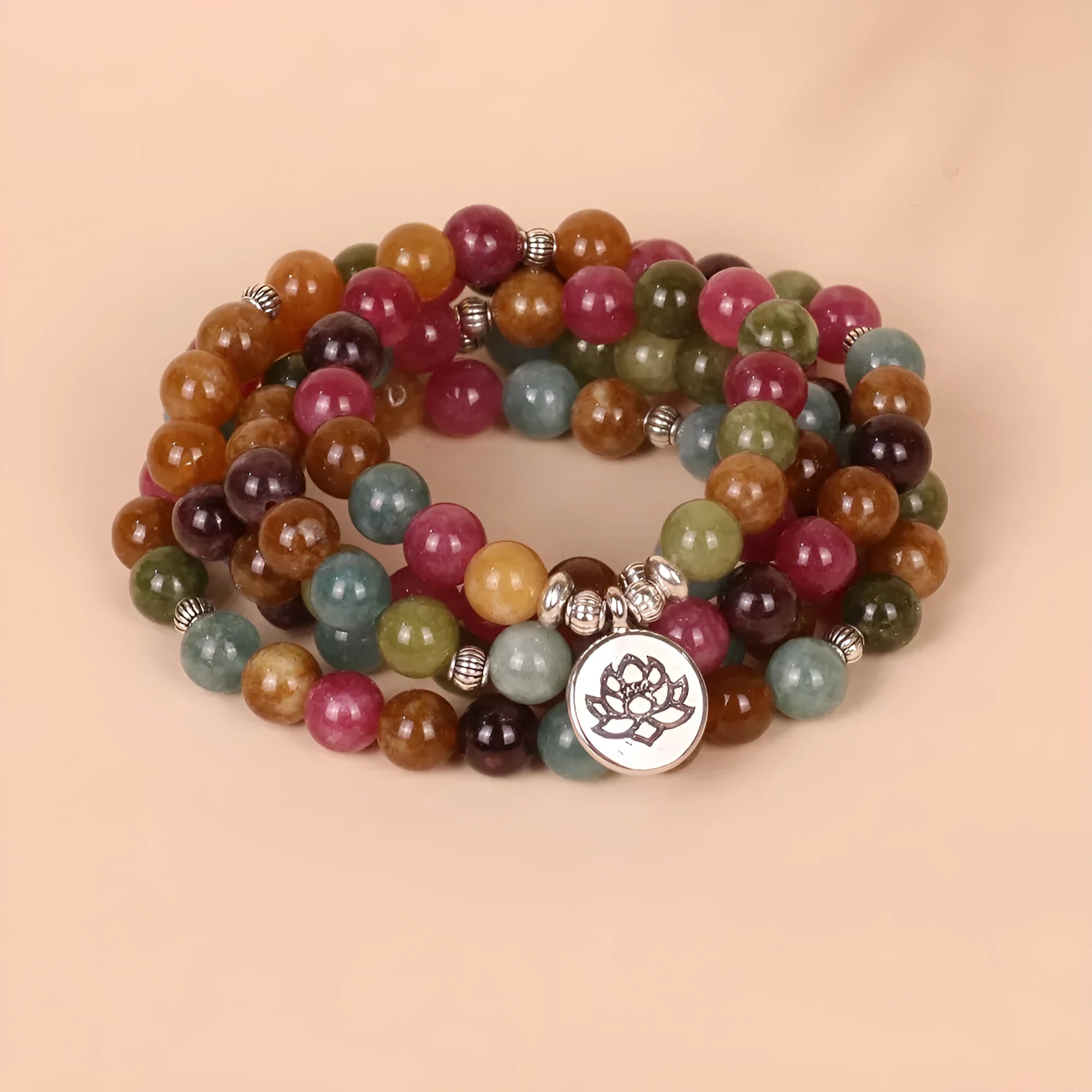 Multi-layer 108 bead bracelet with hanging lotus pendant in tourmaline colour