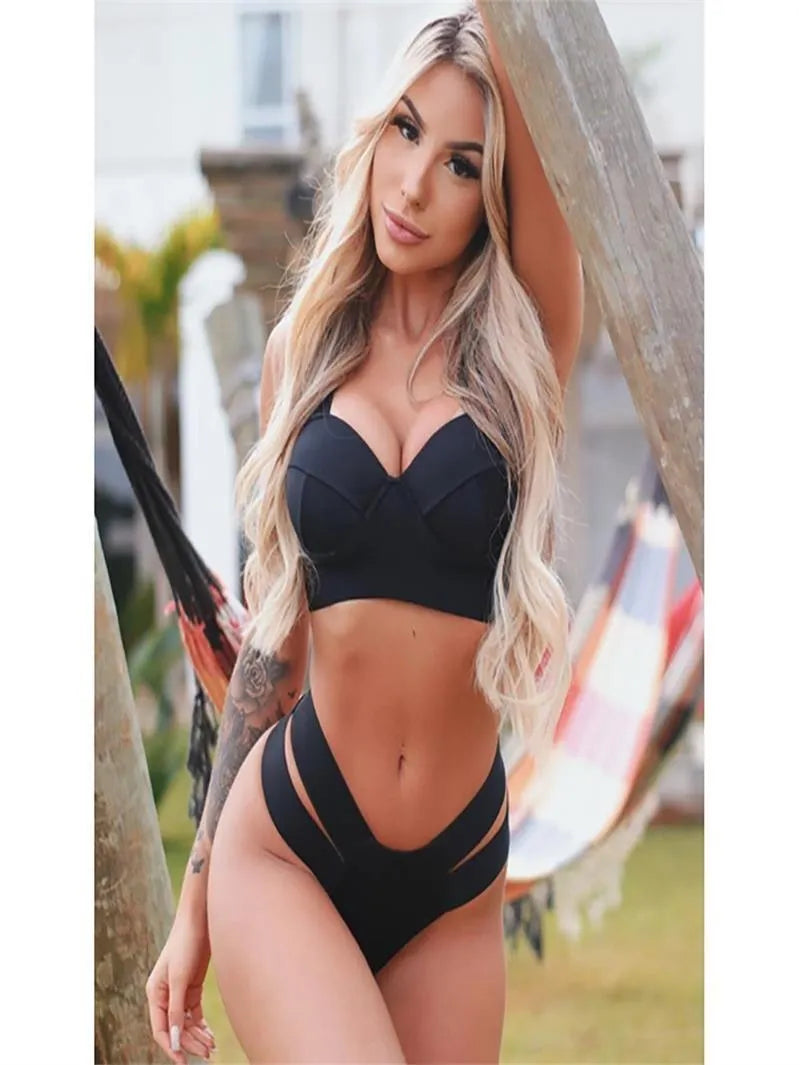 Women's contrast colour bikini swimsuit with steel bracket push-up top, shown in multiple colour options.