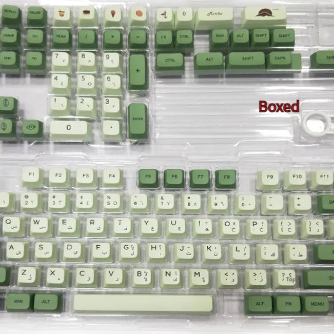 124 PBT keycaps in Matcha green colour arranged by language layout for mechanical keyboards
