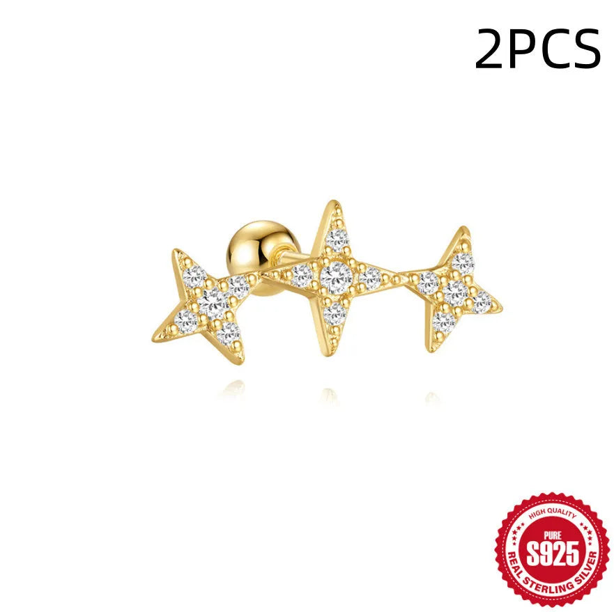 S925 sterling silver square gravel stud earrings with red flower design in golden electroplated finish