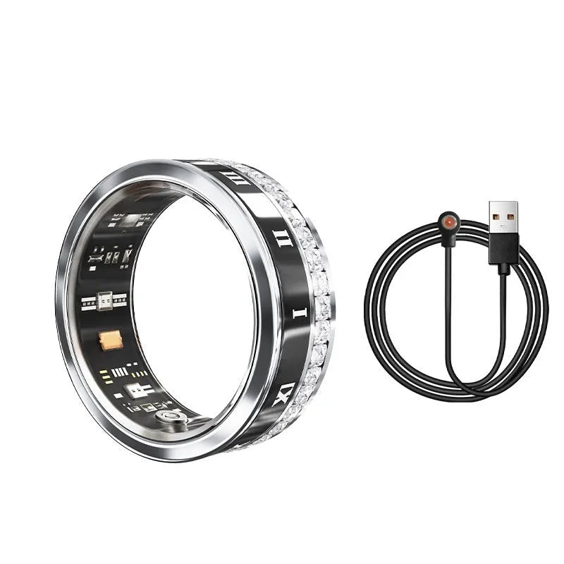 Diamond inlaid smart ring in gold or silver colour with blood oxygen monitoring feature