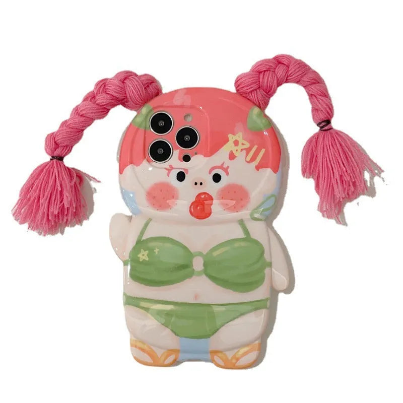 Pink and green silicone iPhone case with cartoon girl in swimsuit design for iPhone 11, 12, 13, 14 models.