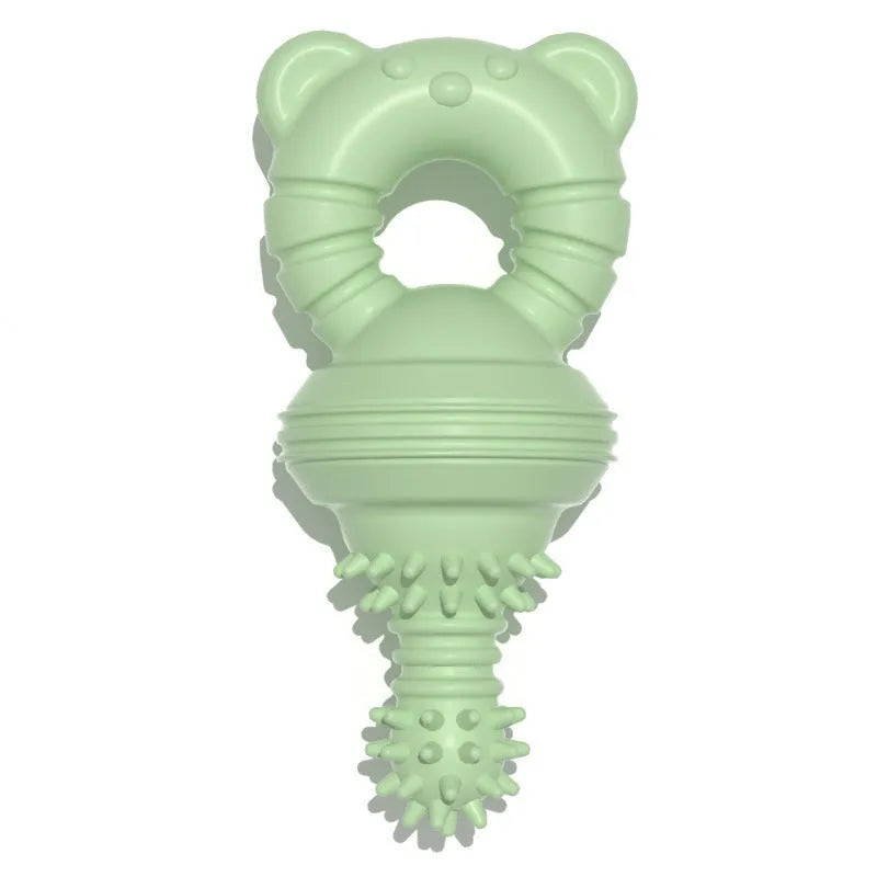 Blue rubber dog chew toy with textured surface for cleaning teeth, shown next to a measuring tape indicating 13.5 cm size.