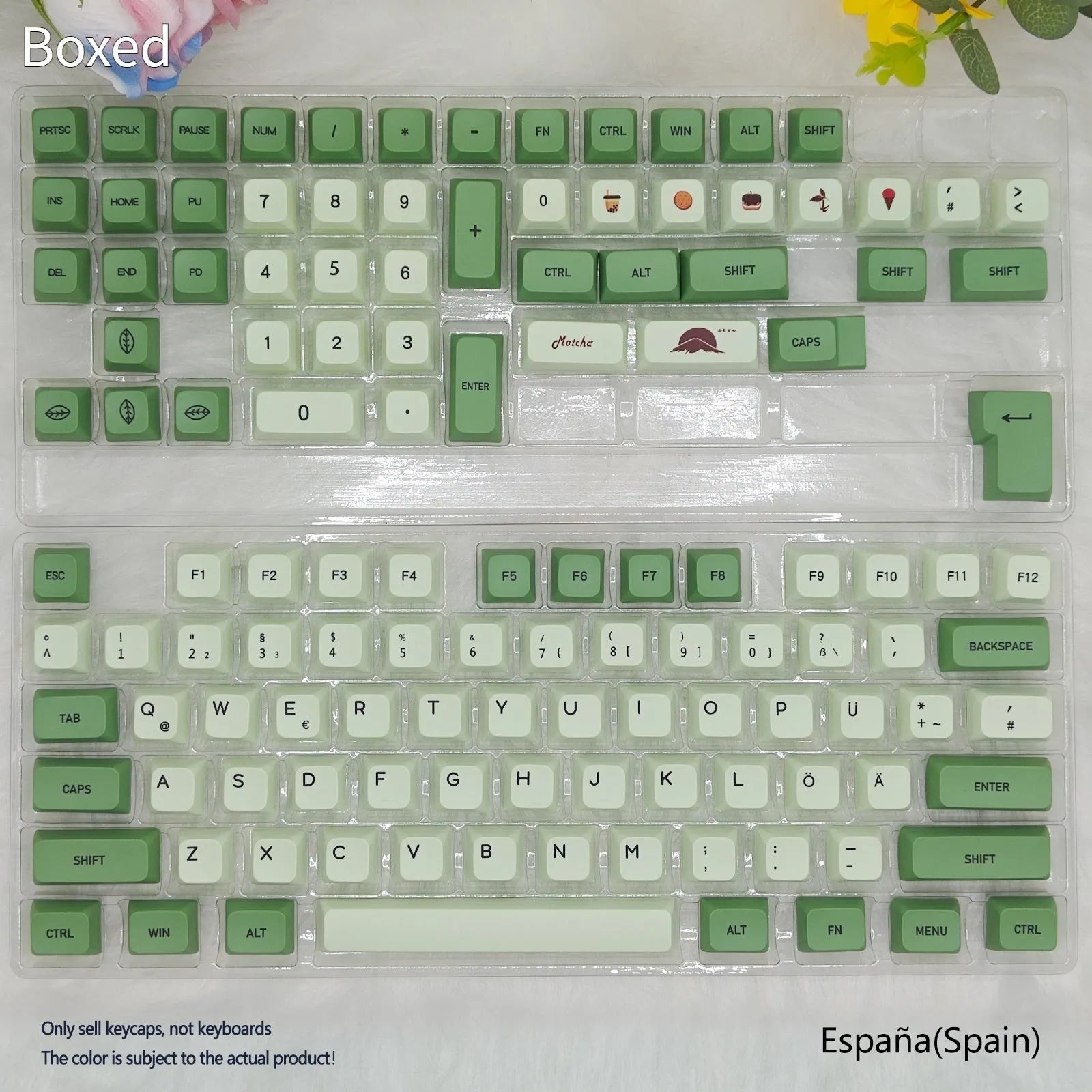 124 PBT keycaps in Matcha green colour arranged by language layout for mechanical keyboards