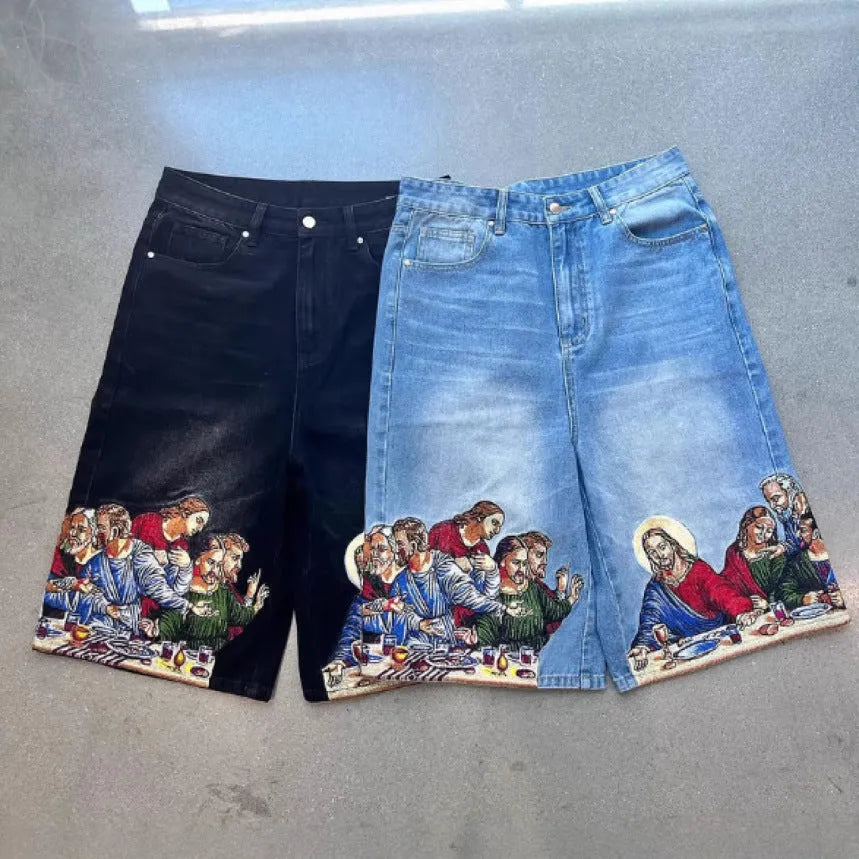Men's blue cotton tapered shorts with Jesus printed back pocket detail