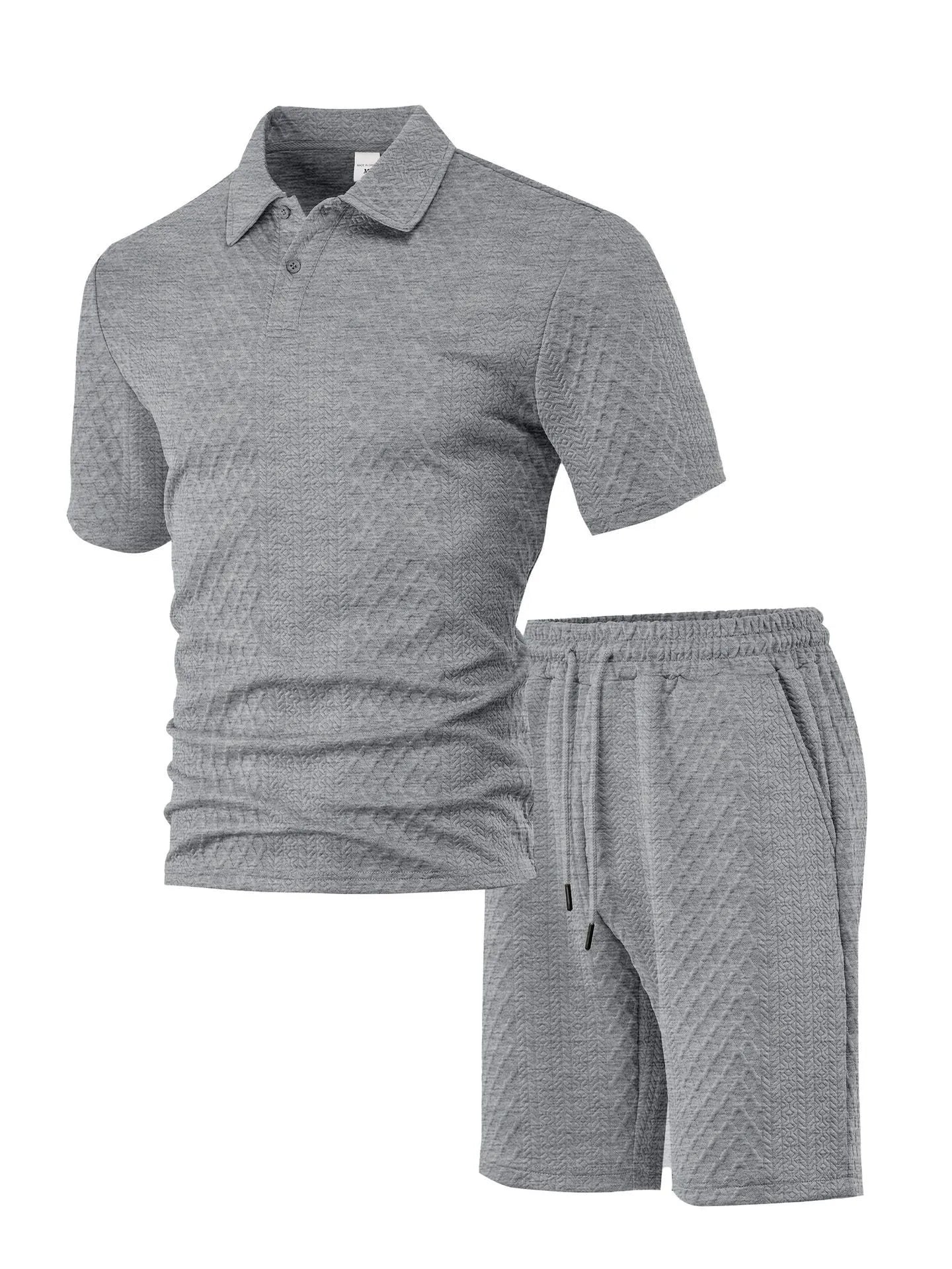 Men's figured cloth casual suit set with short sleeve polo shirt and matching trousers in multiple colour options