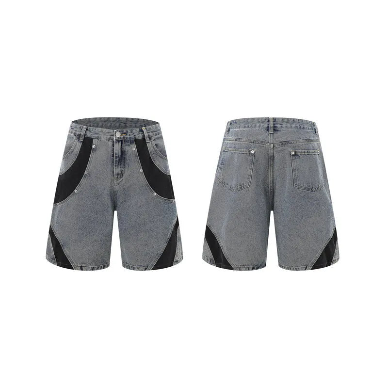 Retro washed denim short-sleeved jacket and full-length trousers suit set in black or blue