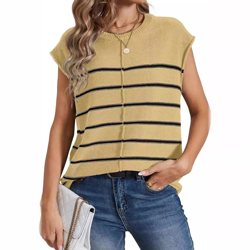 Women's striped sleeveless pullover top in acrylic knit, shown in multiple colour options.